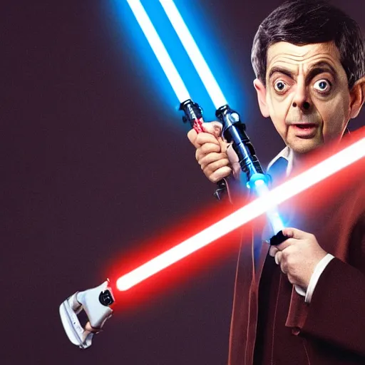 Image similar to mr beans as a jedi master holding a lightsaber, star wars, photo, realistic detail