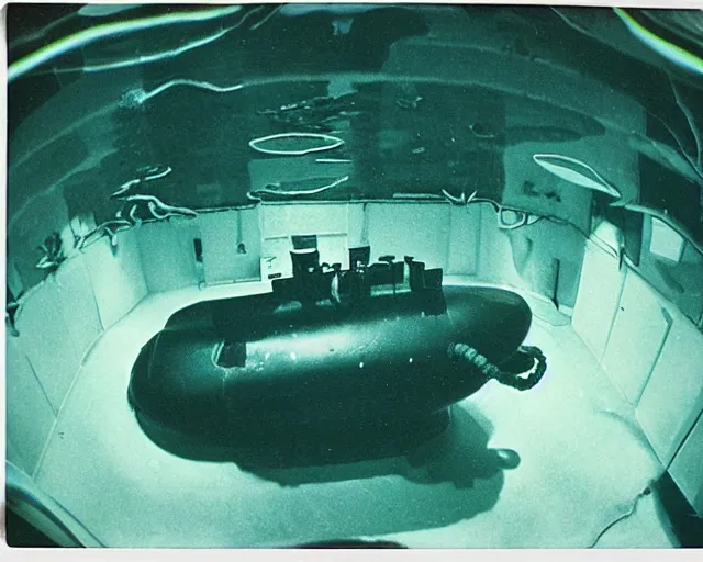 Image similar to wide angle, under water deep sea laboratory, at night, lo fi, polaroid 6 0 0, 1 9 7 5 lightning, vintage science fiction, aquatic plants, colorful swirls of paint, movie set, film noir