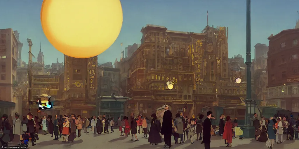 Prompt: A large radiant spherical object lights up an immense city square, dieselpunk, by Studio Ghibli and Edward Hopper