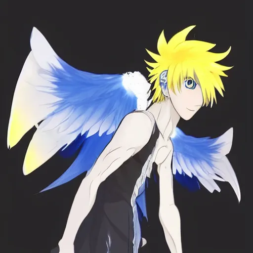 Image similar to cute anime angel boy with yellow hair and a startled expression, large eyes, and a blue tail. golden wings and a halo. style of black clover