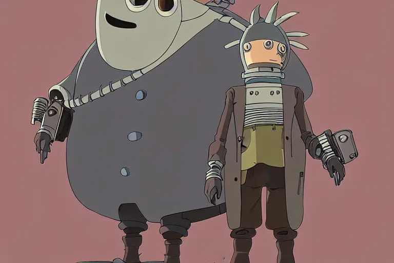 Prompt: a study of a cell shaded cartoon of a grey mechanized punk from howl's moving castle ( 2 0 0 4 ), on a desert road, full body, wide shot, very muted colors, post grunge, studio ghibli, laurie greasley, highly detailed, deviantart, art by artgem