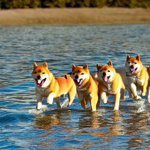 Image similar to photo of a shiba inu leading a pack of shiba inu puppies to the ocean