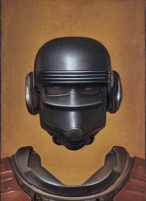 Prompt: a portrait of Robocop by Jan van Eyck
