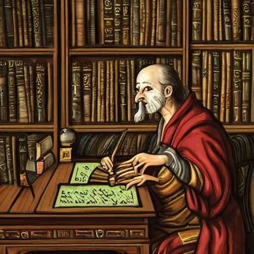 Prompt: a scribe, copying an exotic spell from one spell book into another. perhaps a cat or a small magical animal is looking on. the library is dark, with an ornate and expensive candle stick lighting the room. he is surrounded by books - both on high shelves and piled on the desk around them, some of the books laying opened on the table