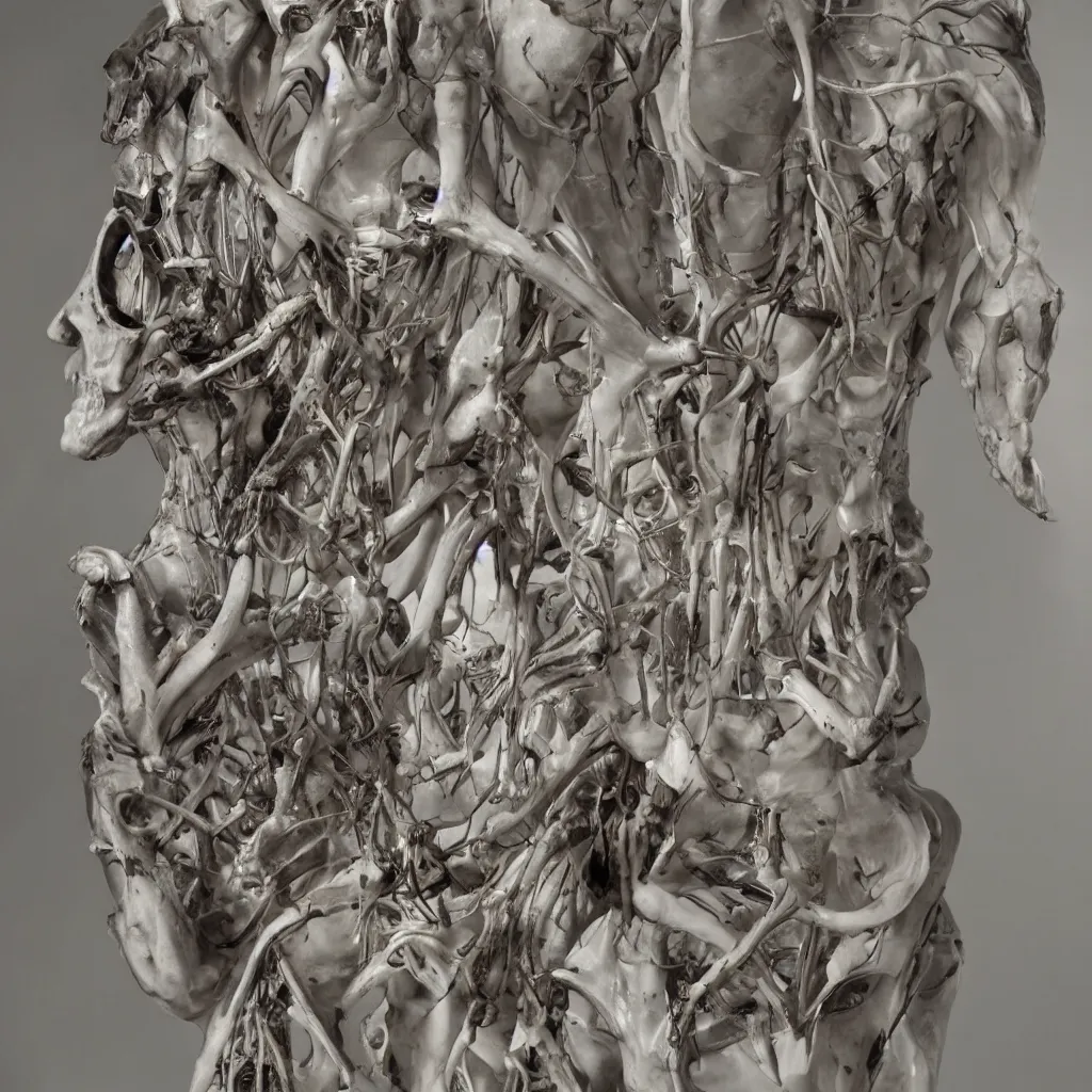 Image similar to realistic shot bloody bones, organs and flesh, biomechanical technology, natural light, by h r giger