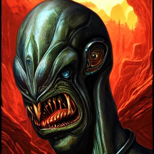 Prompt: bright, colorful, realistic, detailed from Elder Scrolls: shivering isles concept art Geiger alien portrait backlighting, kodachrome, high contrast, highly detailed, sharp focus, digital painting, concept art, illustration, trending on artstation, comic book by Alex Ross and Adam Adamowicz cover art
