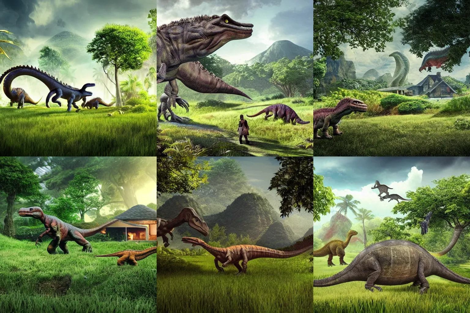 Prompt: small cottage, dinosaurs roaming, on a grassy landscape, trees, far away, photorealistic, jurassic park concept, beautiful, elegant