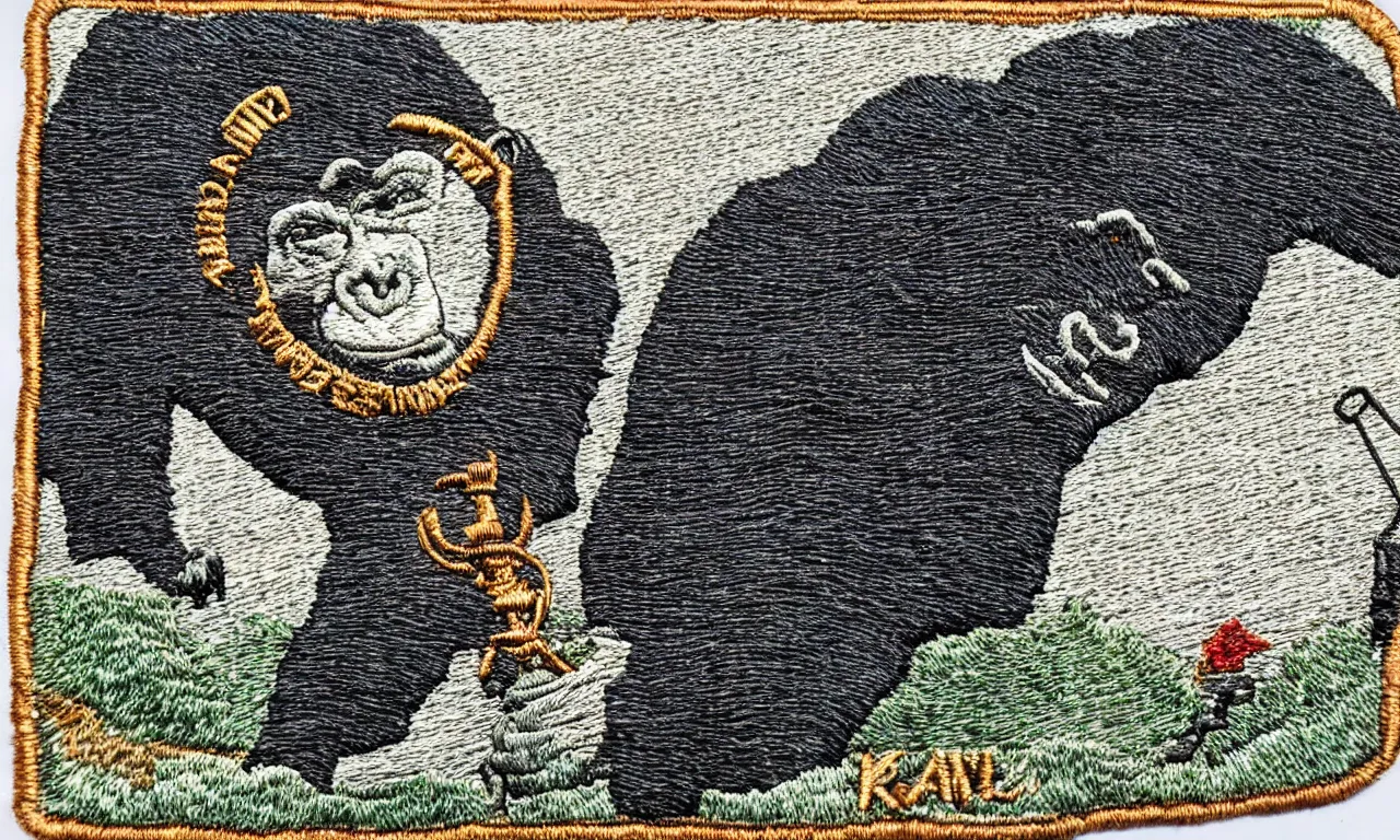 Image similar to a gorilla climbing a radio communications tower. breaking lighting bolts. embroidered us radar corps patch 8 k /