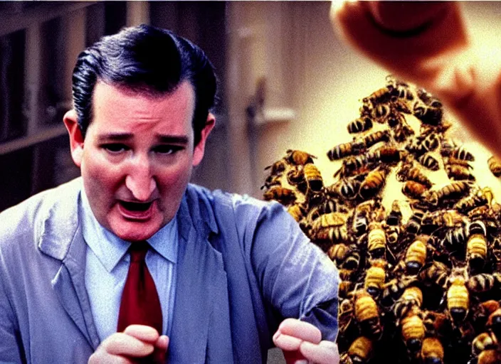 Prompt: ted cruz spitting out bees as the candyman, movie still, from the candyman 1 9 9 2 movie, 8 k, realistic