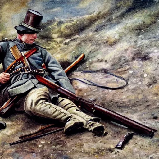 Prompt: a beautiful extremely complex painting of a german army in ww 1 lying down and his weapon next to him the army is tired of the war digital painting