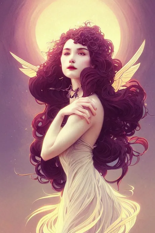 Image similar to portrait of woman with flowy hair, bird wings, confident pose, pixie, genshin impact, intricate, elegant, sharp focus, illustration, highly detailed, concept art, matte, trending on artstation, bright colors, art by wlop and artgerm and greg rutkowski, mucha, giger, marvel comics