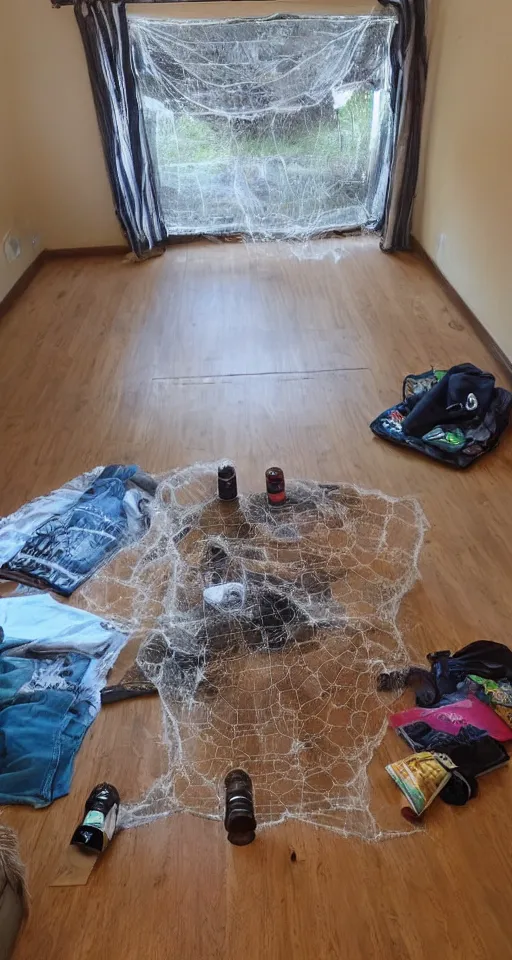 Image similar to home for eight legged lads, unfurnished house, spiderwebs, beer cans, blanket and vape on floor