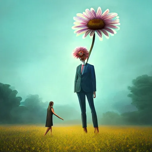 Image similar to giant daisy flower as a head, frontal, a girl in a suit, surreal photography, sunrise, dramatic light, impressionist painting, digital painting, artstation, simon stalenhag