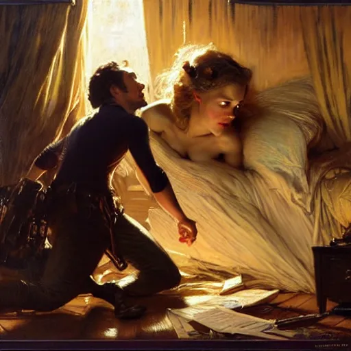 Image similar to paul rudd hiding under his bed, scared because an evil rachel mcadams is attacking him, painting by gaston bussiere, j. c. leyendecker, greg rutkowski, craig mullins 8 k