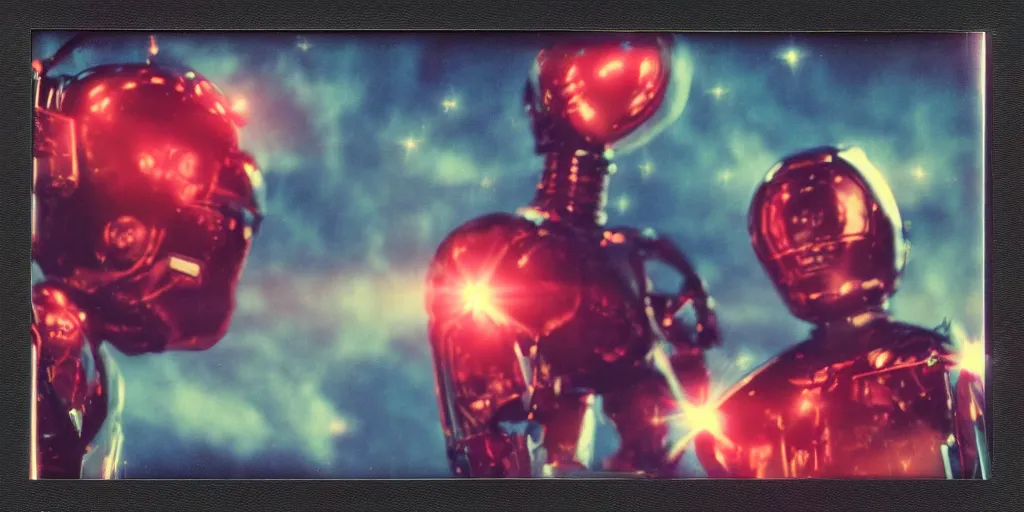 Prompt: analog polaroid portrait of a chrome robot, Hajime Sorayama, sheen, red reflections, unreal engine, azure sky, big clouds visible, sunlight, reflection, sparkles, space, stars, nebula, lensflare, film grain, depth of field, color bleed