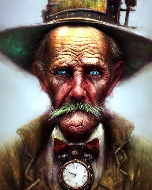 Prompt: a film still extreme close - up shot of an old steampunk man in a misty swamp by esao andrews. colorful, vibrant. trending on artstation