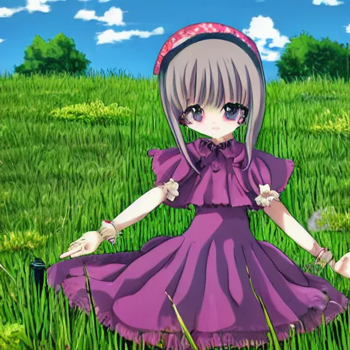 Prompt: an anime sheep girl in a sundress, outside in a grass field on a sunny day, drawn by asanagi