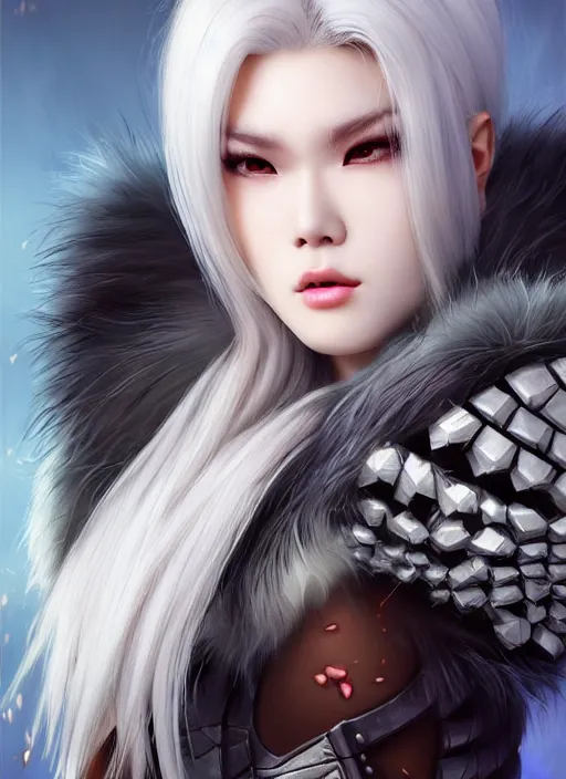 Prompt: ! dream barbarian, jackson wang, fierce, big muscles, fur leather armor!!! beautiful and elegant white hair female!! gorgeous ayes!! character concept art, sharp focus, octane render! unreal engine 5! highly rendered!! trending on artstation!! detailed linework!! illustration by artgerm, wlop, and chie yoshii