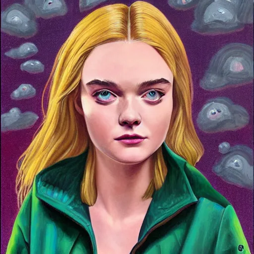 Image similar to professional painting of Elle Fanning in the style of Jack Kirby, head and shoulders portrait, symmetrical facial features, smooth, sharp focus, illustration, intricate, stormy weather, extremely detailed masterpiece,
