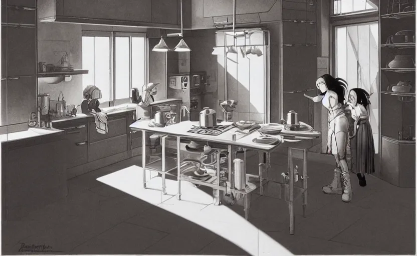 Prompt: kitchen. by rembrant, battle angel alita, ralph mcquarrie, aluminum, 1 6 6 7