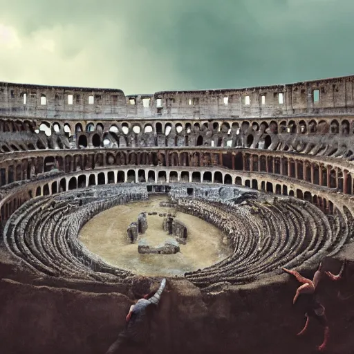 Image similar to a roman colosseum with a huge crowd of gladiators, rain, fog, lightning, volumetric light, blue hour, dusk, blue, teal, octane render, Cornelis Vreedenburgh, highly detailed