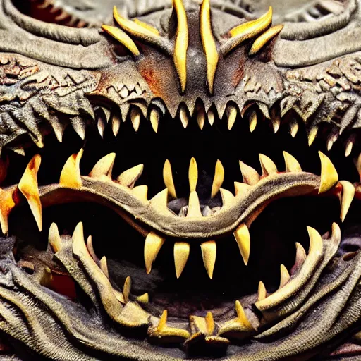 Image similar to a close up of a dragon with teeth bearing down on you