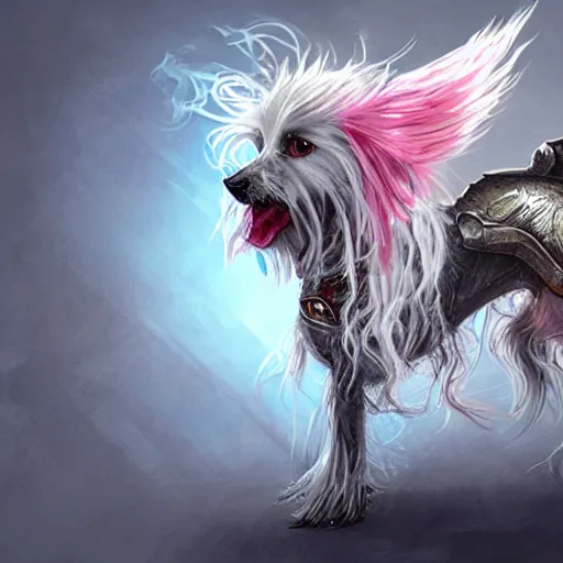 Image similar to Chinese crested powderpuff dog, armour, Anthropomorphized, casting epic spell, magic the gathering artwork, D&D, fantasy, cinematic lighting, centered, symmetrical, highly detailed, digital painting, artstation, concept art, smooth, sharp focus, illustration, volumetric lighting, epic Composition, 8k, art by Akihiko Yoshida and Greg Rutkowski and Craig Mullins, heroic pose, oil painting, cgsociety, magic lab background