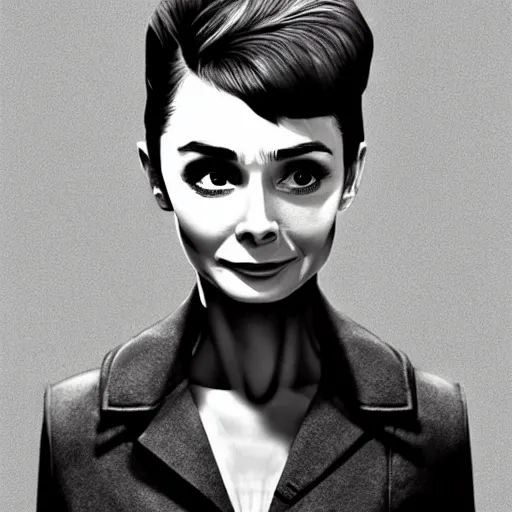 Image similar to a highly detailed epic cinematic concept art CG render digital painting artwork costume design: Audrey Hepburn as a 1950s crazy mad scientist lunatic in a brown lab coat, with unkempt hair and crazy eyes. By Mandy Jurgens, Lim Chuan Shin, Simon Cowell, Barret Frymire, Dan Volbert, Beeple, Butcher Billy, David Villegas, Irina French, Heraldo Ortega, Rachel Walpole, Jeszika Le Vye, trending on ArtStation, excellent composition, cinematic atmosphere, dynamic dramatic cinematic lighting, aesthetic, very inspirational, arthouse