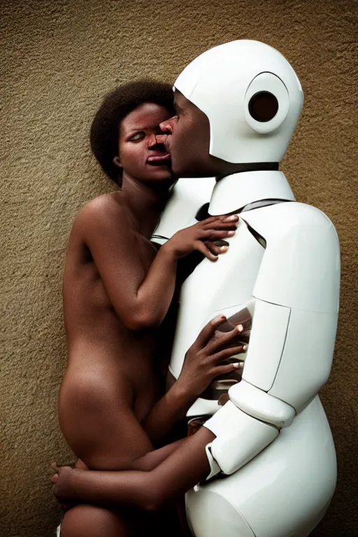 Prompt: a spectacular wideangle detailed closeup colorchrome portrait photo, of a white robot kissing a african woman, beautiful low light , style Steve McCurry