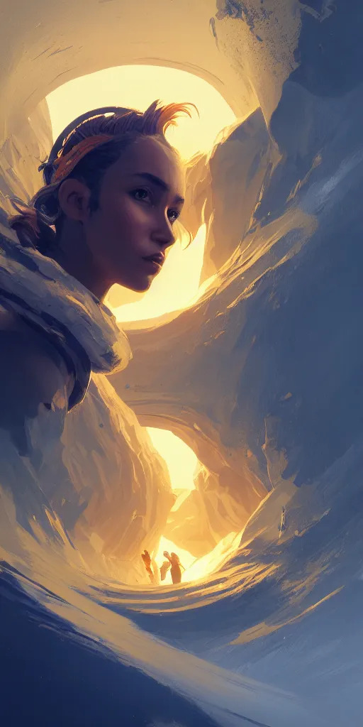 Prompt: highly detailed portrait of a semicircular bounded space surrounded by golden and blue magic powder, ultra wide angle, finer details : 3, by ian fisher and greg rutkowski, trending on artstation, concept art, smooth, sharp focus, illustration.
