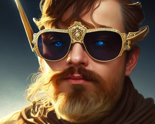 Prompt: a mind - blowing portrait of a wizard wearing sunglasses, deep focus, d & d, fantasy, intricate, elegant, highly detailed, digital painting, artstation, concept art, matte, sharp, illustration, hearthstone, art by artgerm and greg rutkowski and alphonse mucha