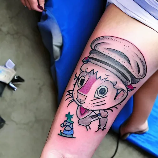 Prompt: tatoo on girl's leg with cute rat reading newspapper sitting on magic mushroom