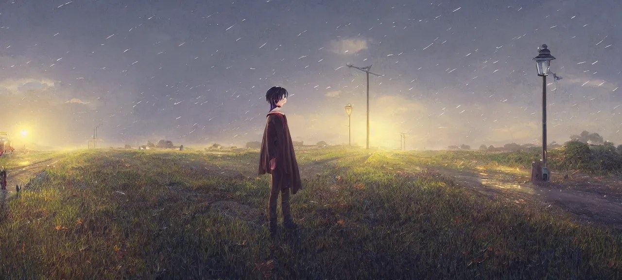 Prompt: a cloaked adventure standing in a highway going the middle of a country field, gas street lamps. Country road, country landscape, fields, fields, occasional small rubble, desolate. digital illustration, very vibrant colors, soft lighting, adventurous, atmospheric lighting, 8K, octane render. By Makoto Shinkai, Stanley Artgerm Lau, WLOP, Rossdraws, James Jean, Andrei Riabovitchev, Marc Simonetti, krenz cushart, Sakimichan, D&D trending on ArtStation, digital art.