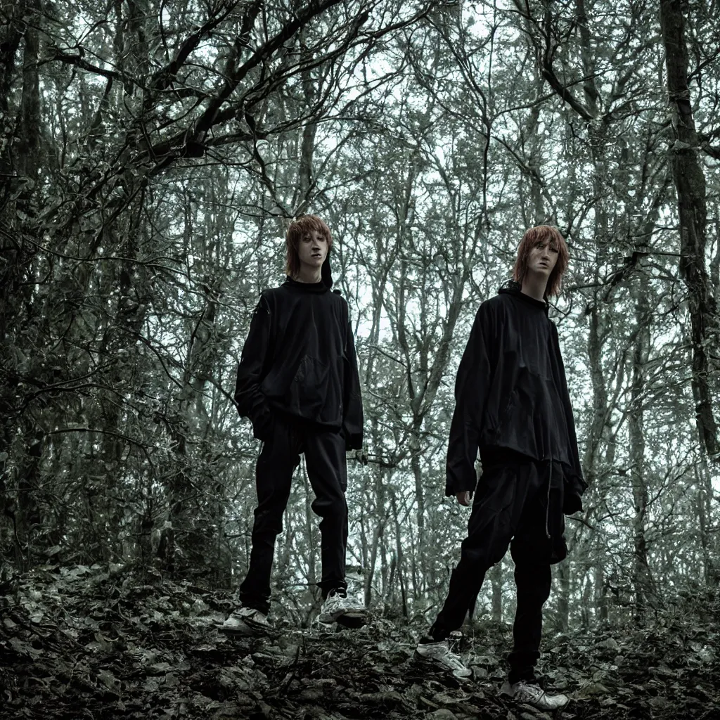 Image similar to cinematic still of bladee in dark forest, XF IQ4, f/1.4, ISO 200, 1/160s, 8K, RAW, dramatic lighting, symmetrical balance, in-frame