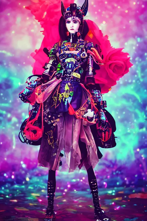 Prompt: antediluvian steppe magical girl wearing cybernetic floral valentino, cyberpunk steppe market background, bright fashion photography, hyperrealistic