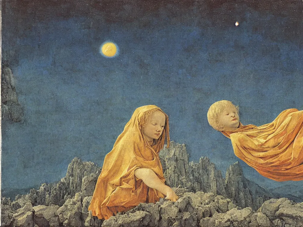 Image similar to Portrait of terrifying Blue star clad albino angel sleeping in the seed of a comet. Icy surreal mountains at night. Coral-like pebbles, autumn light. Painting by Jan van Eyck, Fra Filippo Lippi, Rene Magritte, Jean Delville, Max Ernst, Beksinski