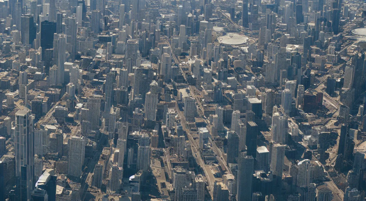 Prompt: a legion of starships converge over chicago, cinematic