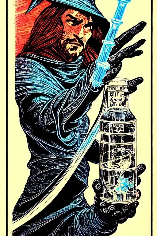 Image similar to wizard holding magic potion, high details, intricately detailed, by vincent di fate, inking, 3 color screen print, masterpiece, trending on artstation, sharp, details, hyper - detailed, hd, 4 k, 8 k