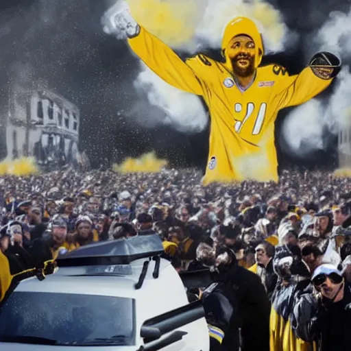 Prompt: Airbrush painting of coach Tomlin at a parade celebrating the Steelers winning the SuperBowl