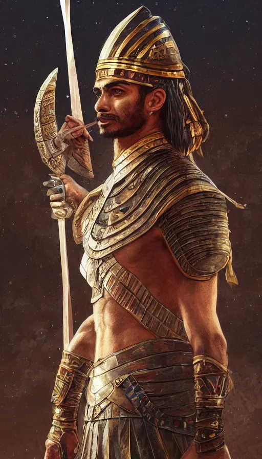 Image similar to egyptian warrior in a winter night, shaman clothing, ritual, moon beams, fame of thrones, fibonacci, sweat drops, insane, intricate, highly detailed, surrealistic, digital painting, artstation, concept art, smooth, sharp focus, illustration, unreal engine 5, 8 k, art by artgerm and greg rutkowski and alphonse mucha