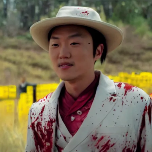 Image similar to film still of justin sun from kill bill, blood spattered chainsaw bride