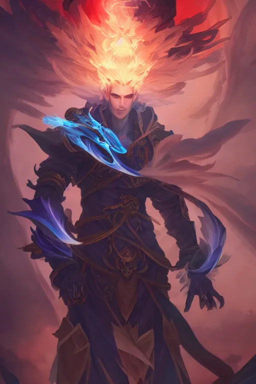 Prompt: beautiful male necromancer with thunder and smoke and blue fire, attarctive pretty face, anime key visual, highly detailed, sharp focus, concept art, league of legends, style by shumolly and monable and artgerm and greg rutkowski and jo chen and pilyeon and ruan jia and alphonse mucha