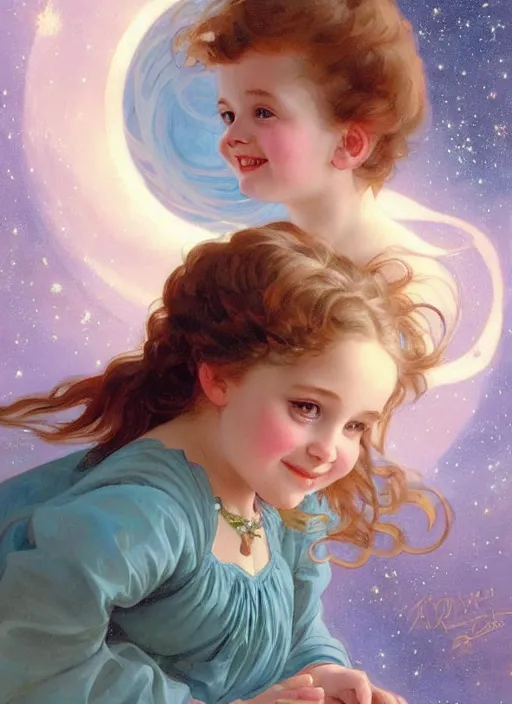 Image similar to a cute little girl with a round cherubic face, blue eyes, and short wavy light brown hair smiles as she floats in space with stars all around her. she is wearing a turquoise dress. beautiful painting by artgerm and greg rutkowski and alphonse mucha