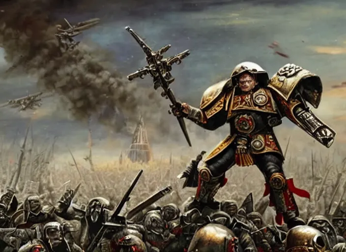 Prompt: john paul ii taking part in warhammer 4 0, 0 0 0 battle, cinematic scene