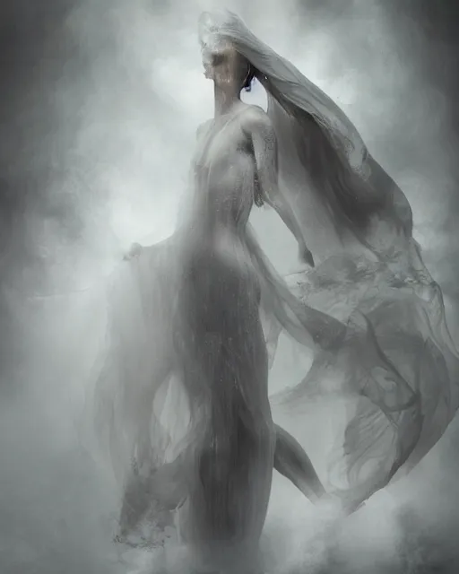 Prompt: professional concept art ethereal ghostlike valkyrie figure fluid simulation in houdini dancing in dark smoke robes and silk veils by ilm, paolo roversi, nick knight, amy judd, beautiful simplified form in turbulent movement, dark studio background, turner, romantic, trending on artstation, hyperrealism, matte painting, dutch golden age, fine detail, cgsociety