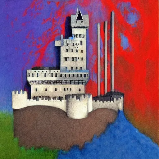 Prompt: a painting of a castle with a waterfall in front of it. digital painting, vertical, intricate, beautiful, detailed, grunge, sharp focus, abstract art by el lissitzky and artgerm and kandinsky, trending on artstation. blue, dark red and dark purple color scheme, gradient darker to bottom