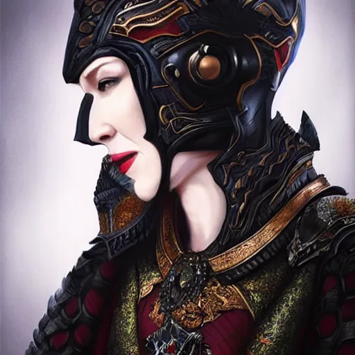 Image similar to “ portrait of cate blanchett portrait by shaddy safadi, looking at camera, hoker on neck, stylish armor, intricate, elegant, stylish, fierce look, fantasy, extremely detailed, digital painting, artstation, concept art, smooth, sharp focus, illustration, stunning lighting ”