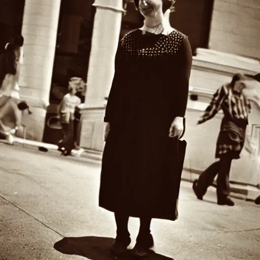 Image similar to photo of a woman in a dress by vivian maier. professional photography.