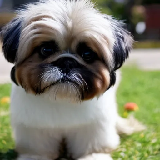 Prompt: A photo of a chubby shih tzu with medium-length hair, black and white fur and brown eyes