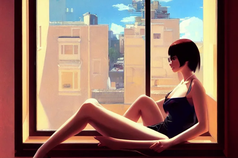 Image similar to A ultradetailed beautiful panting of a stylish woman sitting next to a window of a moders apartment, Oil painting, by Ilya Kuvshinov, Greg Rutkowski and Makoto Shinkai